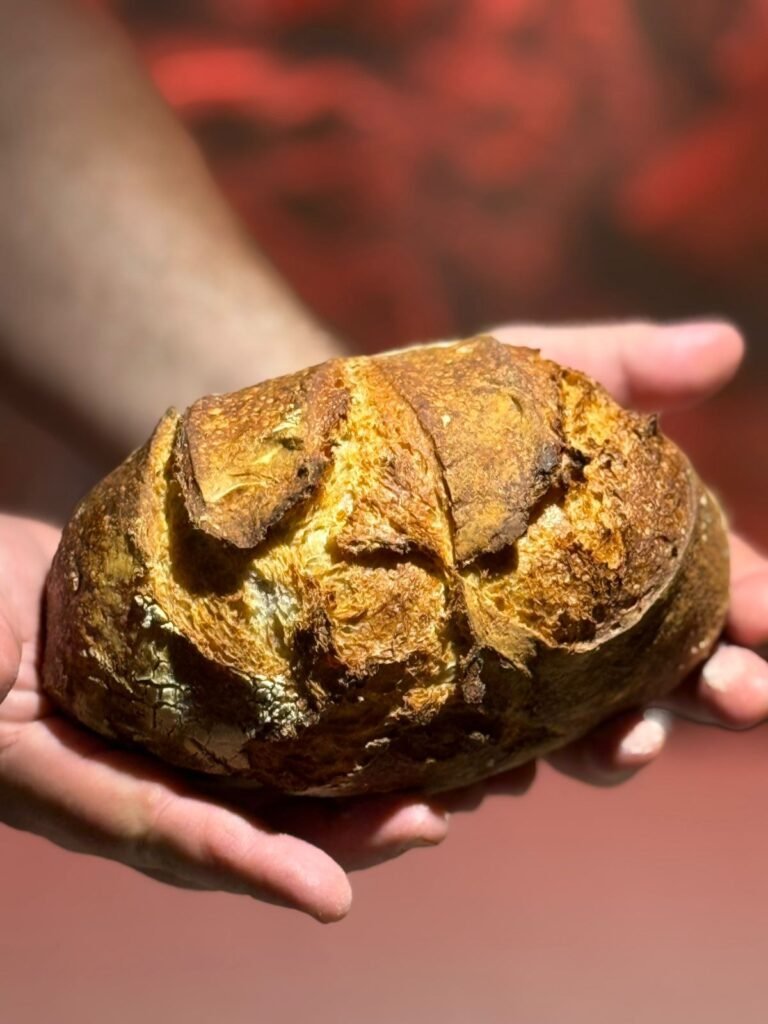 Pan de masa madre casero de Ca Nostra entre las manos
